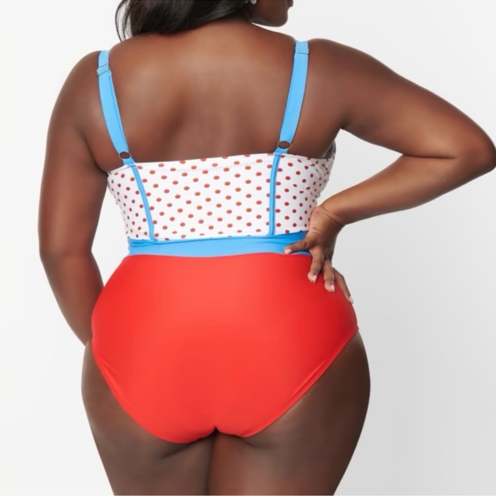Unique Vintage Red, Blue & White Polka Dot One-Piece Swimsuit - Picture 2 of 6